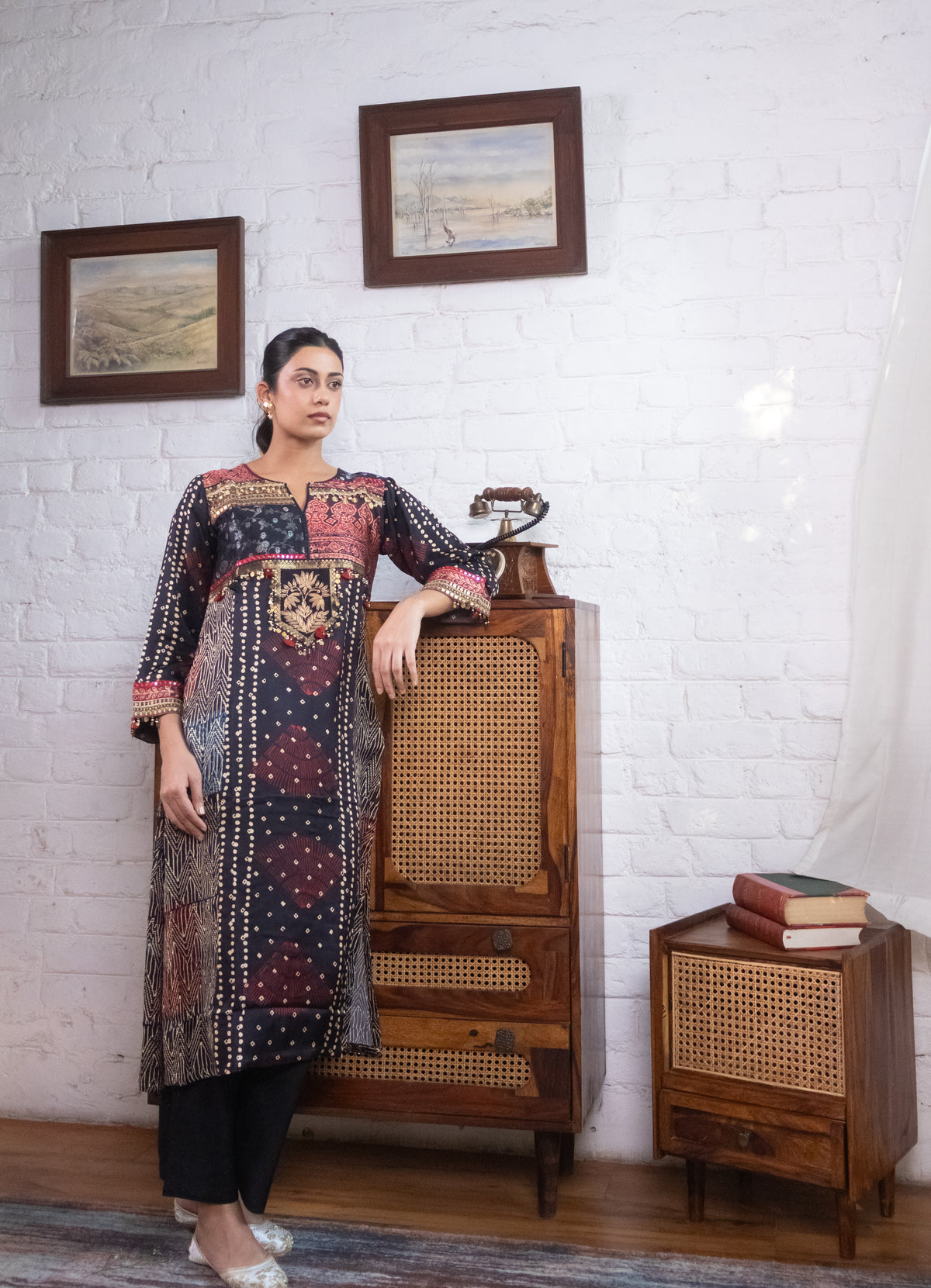 Midnight Blue Gajji Silk Printed Embellished Kurta Set