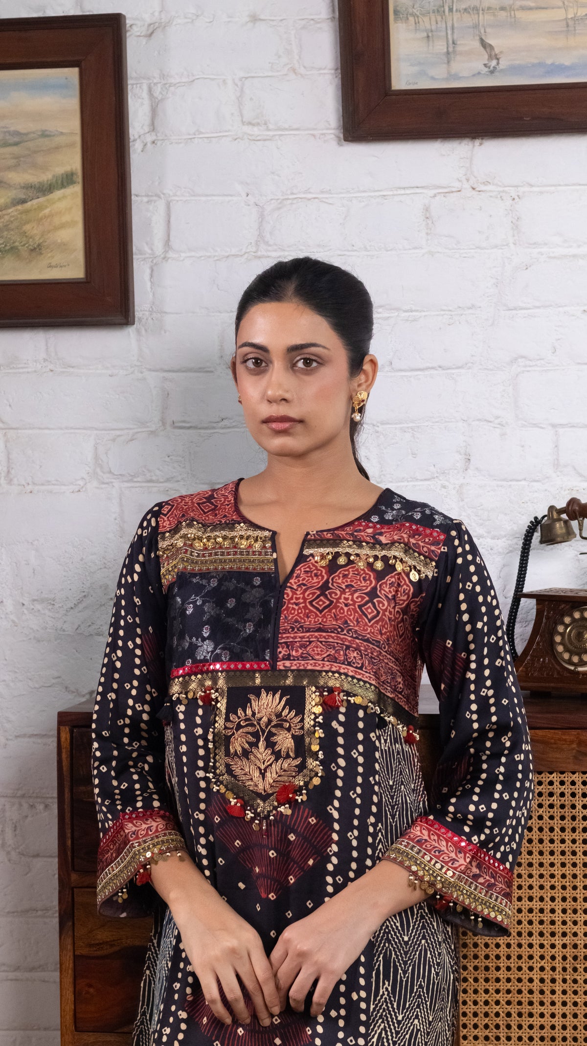 Midnight Blue Gajji Silk Printed Embellished Kurta Set