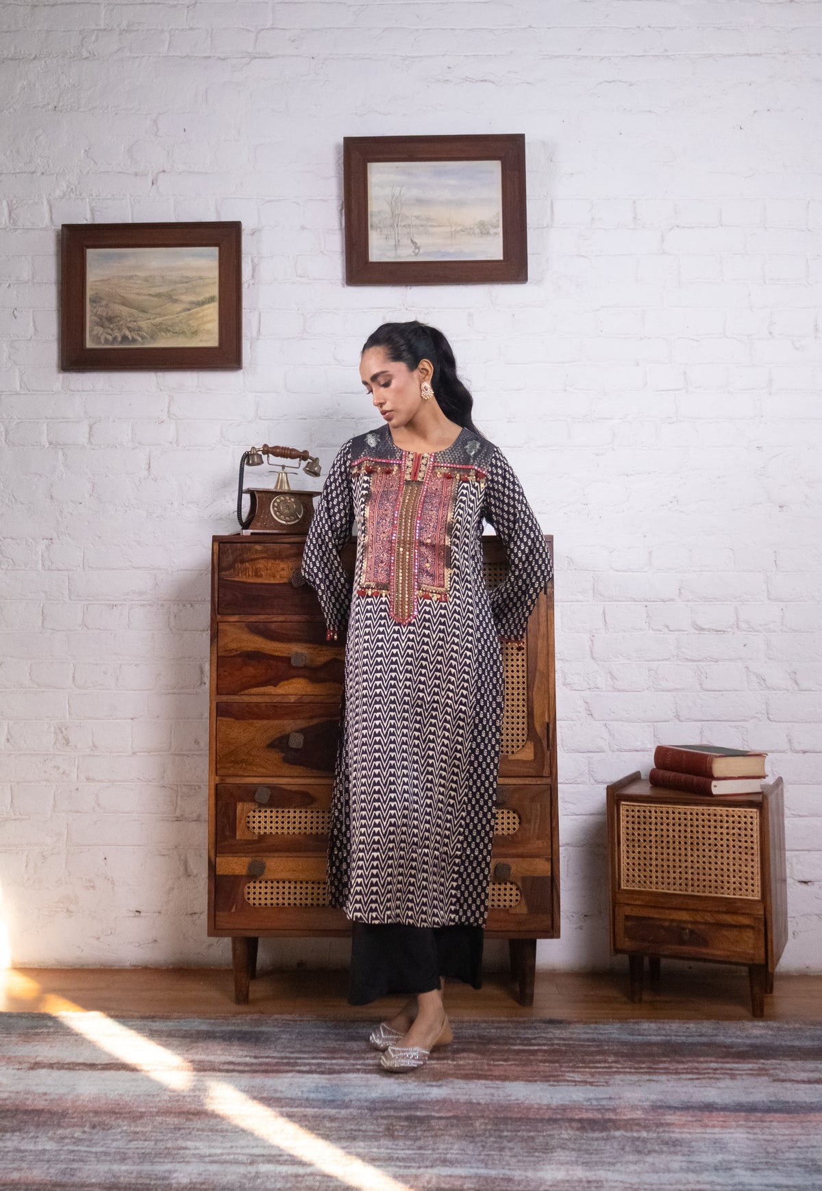 Black Gajji Silk Printed Luxe Kurta Set