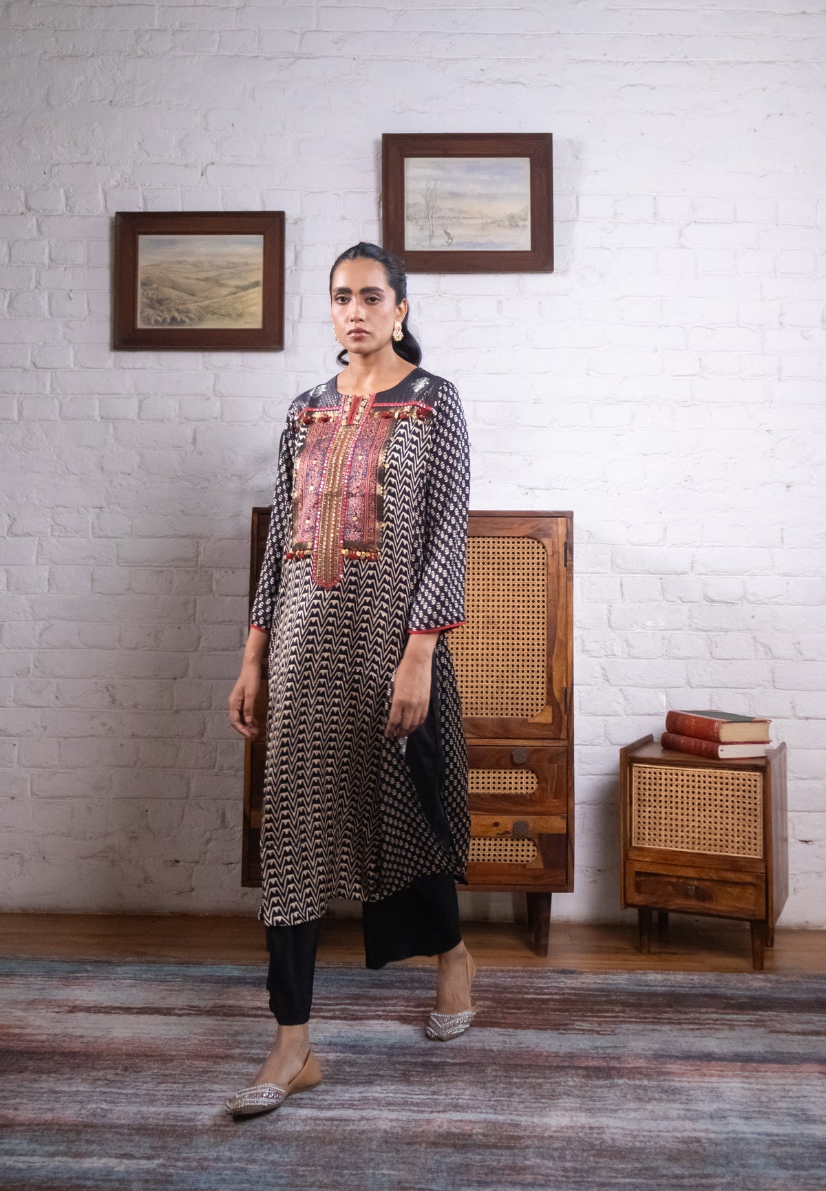 Black Gajji Silk Printed Luxe Kurta Set