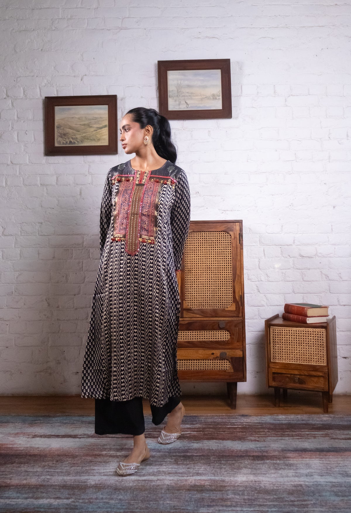 Black Gajji Silk Printed Luxe Kurta Set