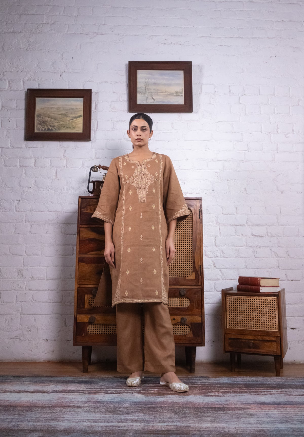 Warm Mocha Brown Pure Linen Embroidered Kurta Set