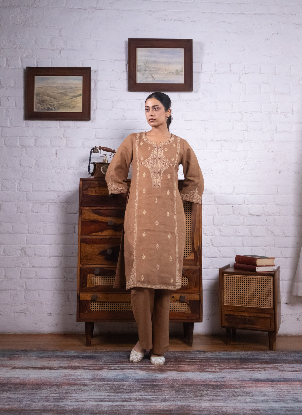 Warm Mocha Brown Pure Linen Embroidered Kurta Set