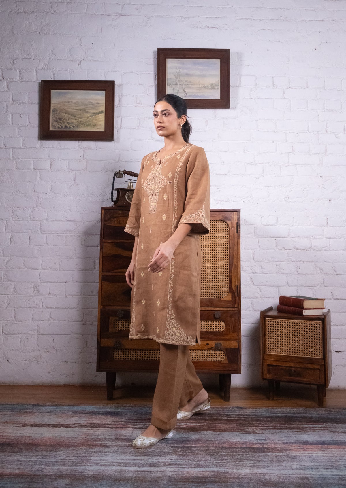 Warm Mocha Brown Pure Linen Embroidered Kurta Set