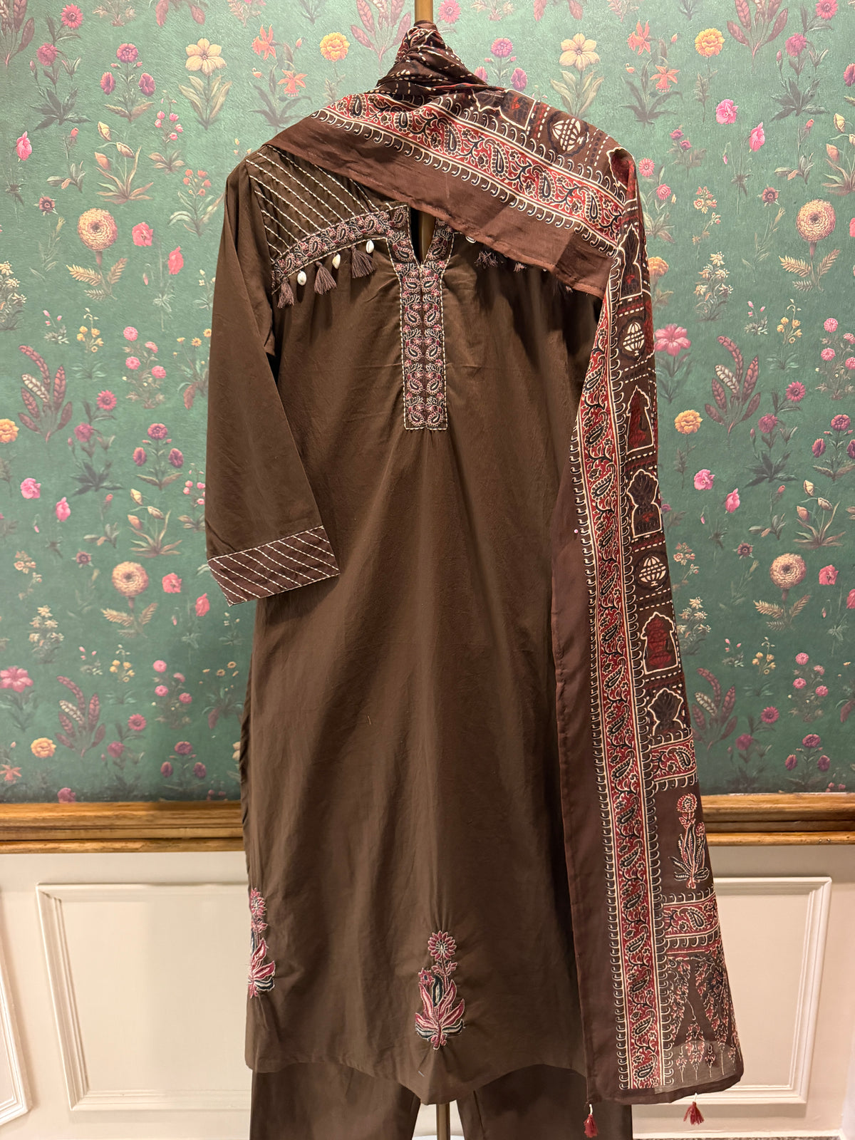 Chocolate Brown Embroidered Pure Cotton Suit Set with Printed Dupatta