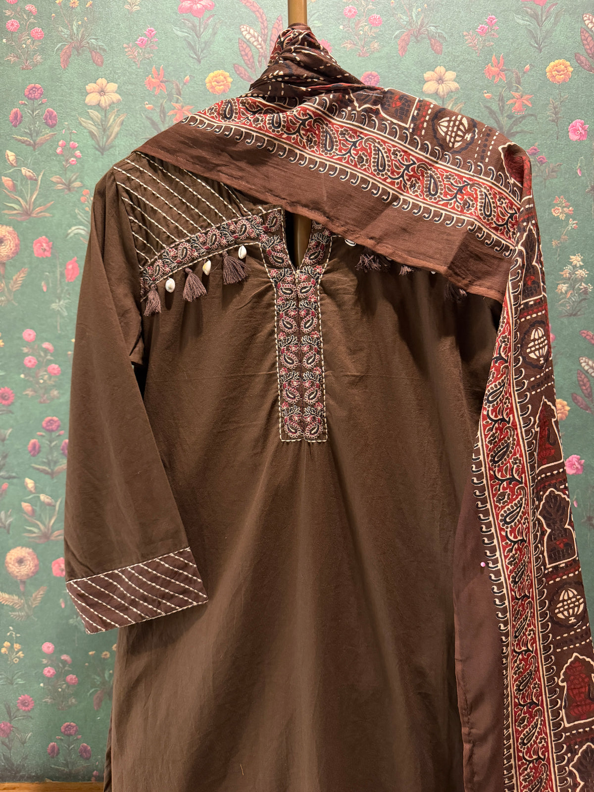Chocolate Brown Embroidered Pure Cotton Suit Set with Printed Dupatta