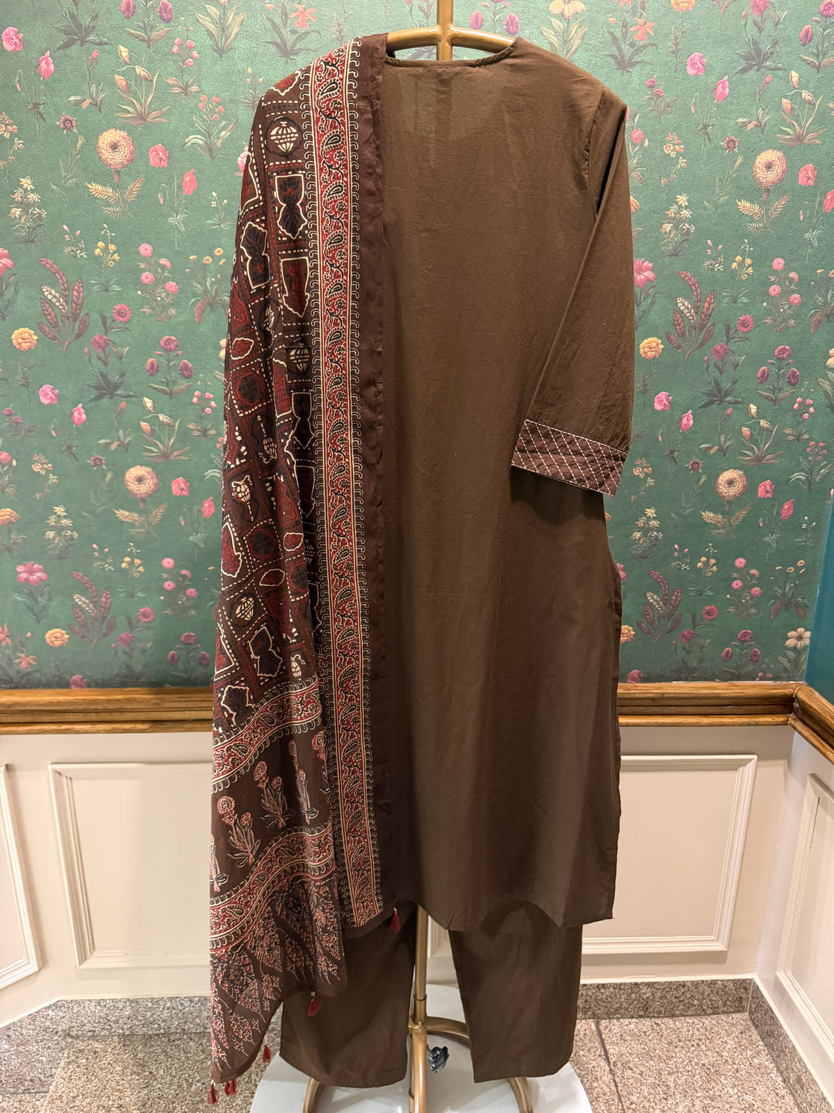 Chocolate Brown Embroidered Pure Cotton Suit Set with Printed Dupatta