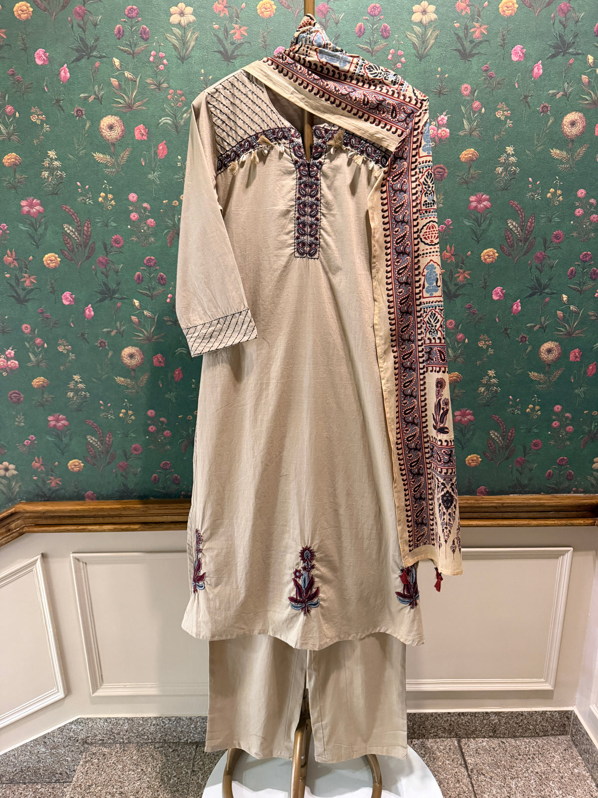 Warm Beige Embroidered Pure Cotton Suit Set
