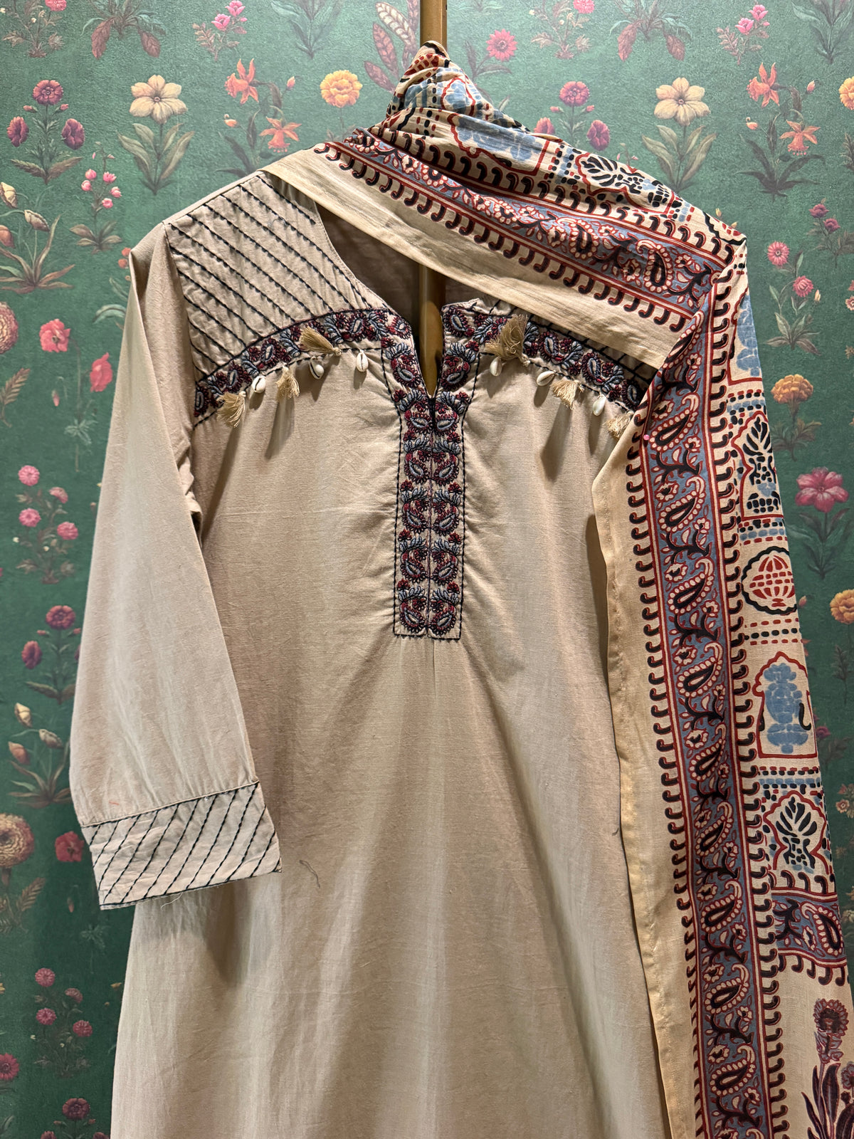 Warm Beige Embroidered Pure Cotton Suit Set