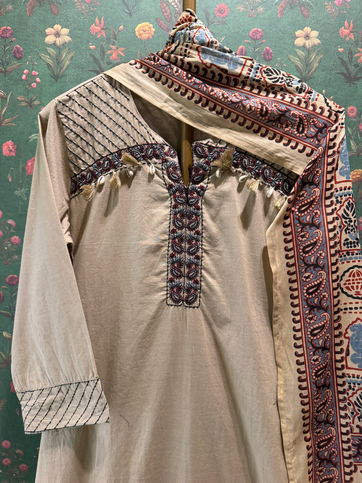 Warm Beige Embroidered Pure Cotton Suit Set