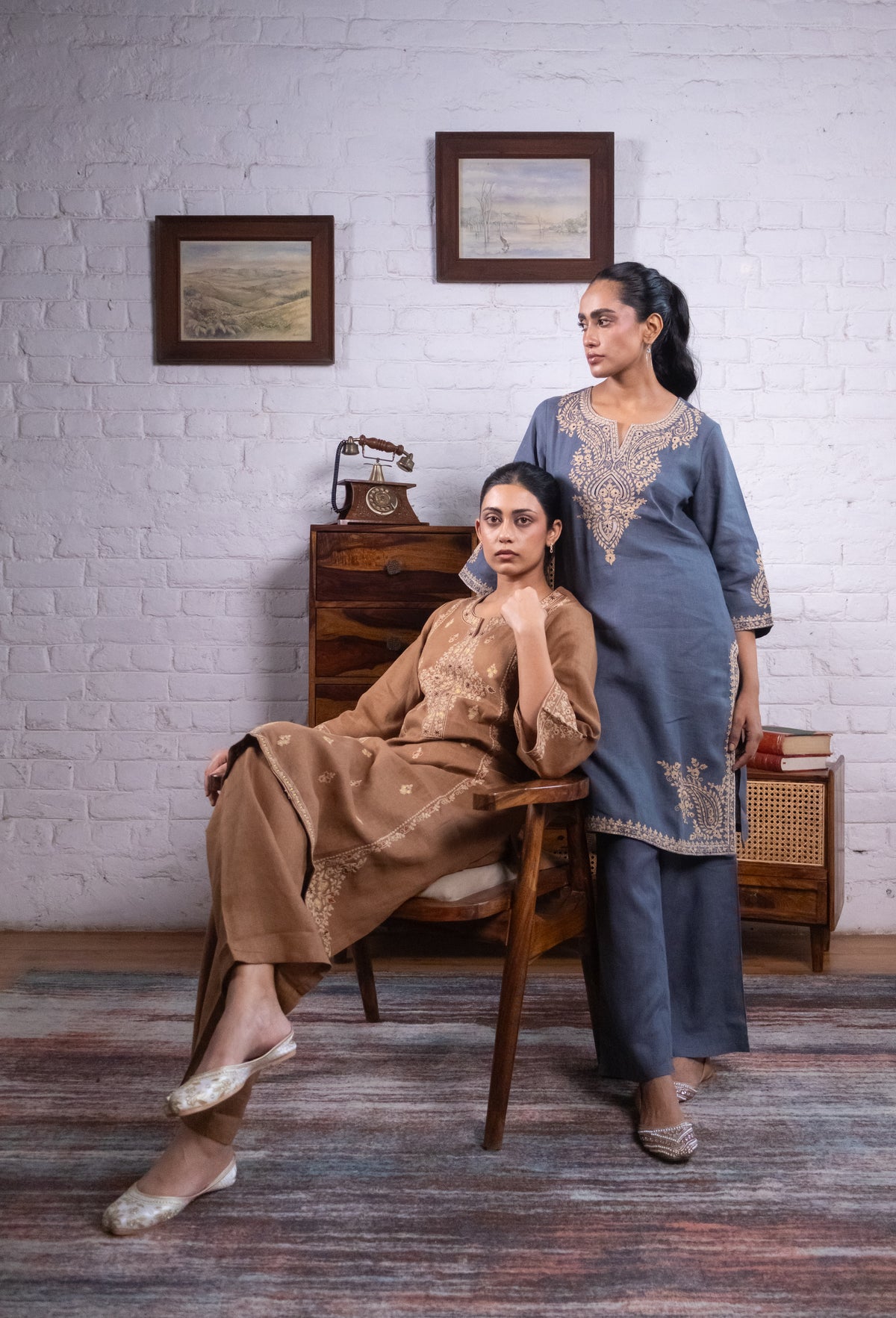 Warm Mocha Brown Pure Linen Embroidered Kurta Set