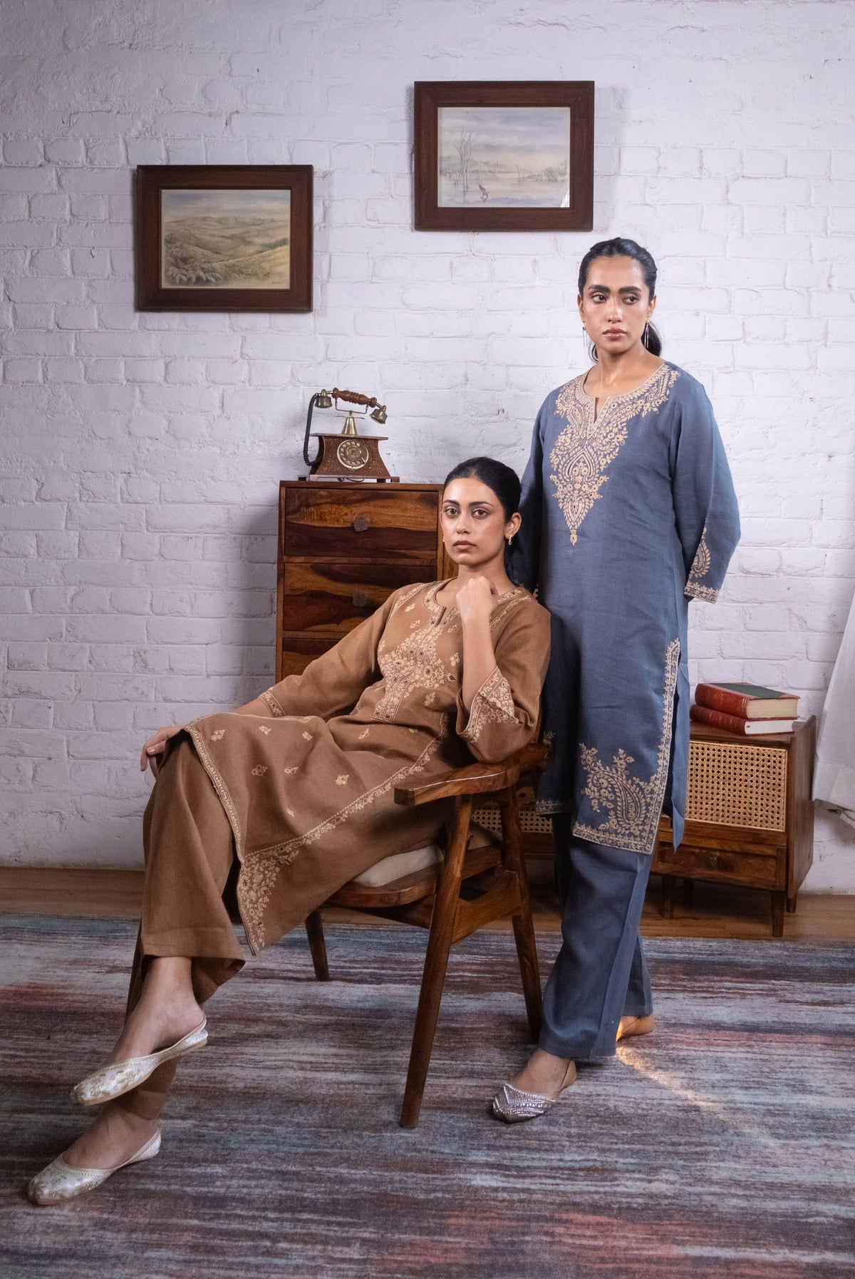 Warm Mocha Brown Pure Linen Embroidered Kurta Set