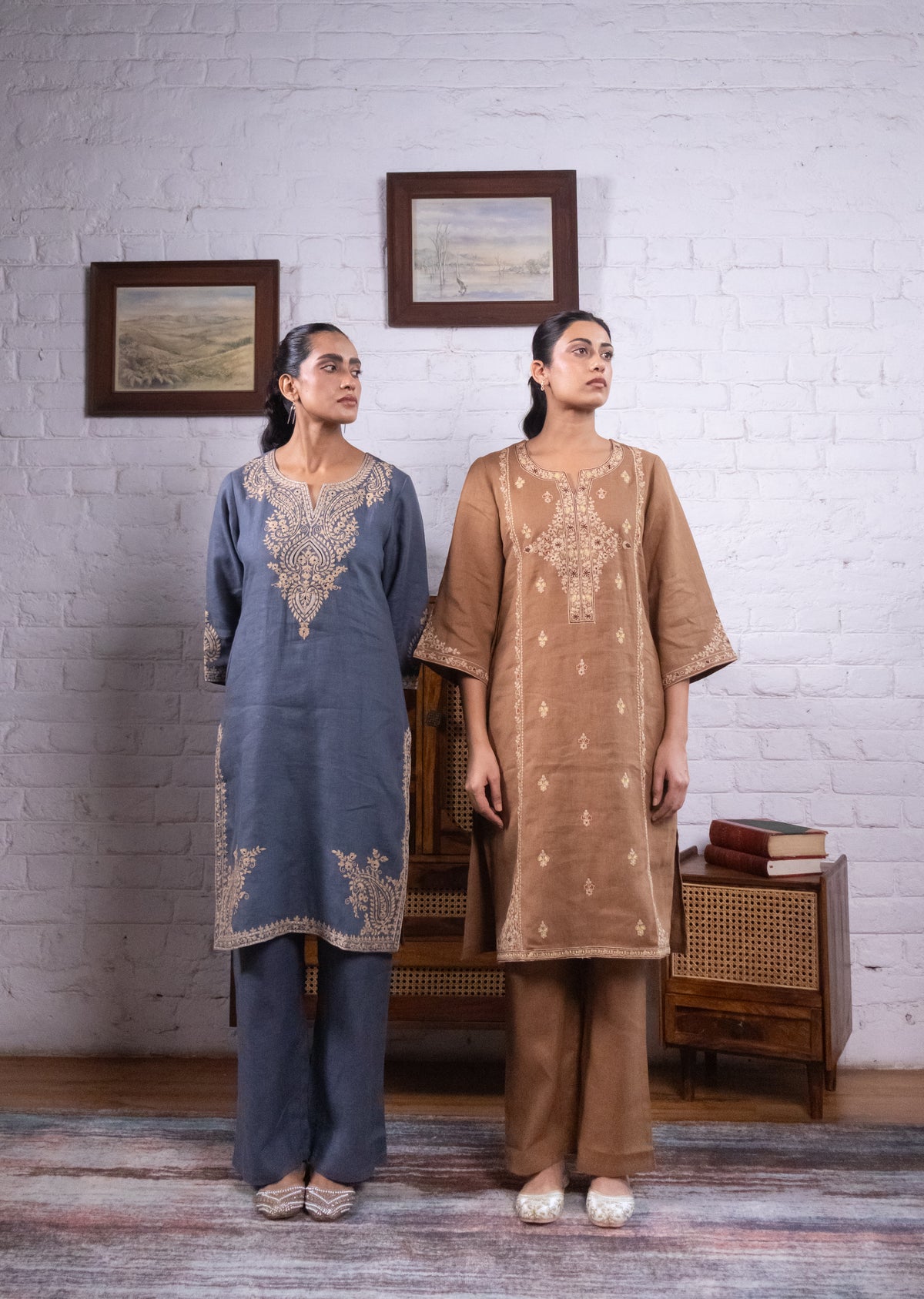 Warm Mocha Brown Pure Linen Embroidered Kurta Set
