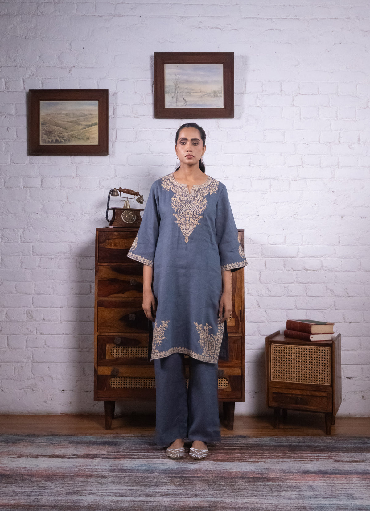 Dusty Blue Pure Linen Embroidered Kurta Set