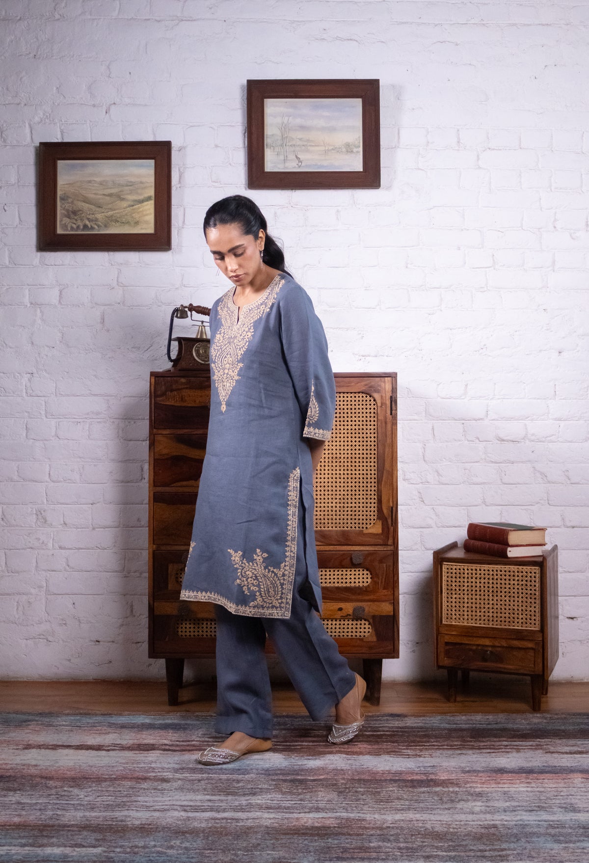 Dusty Blue Pure Linen Embroidered Kurta Set