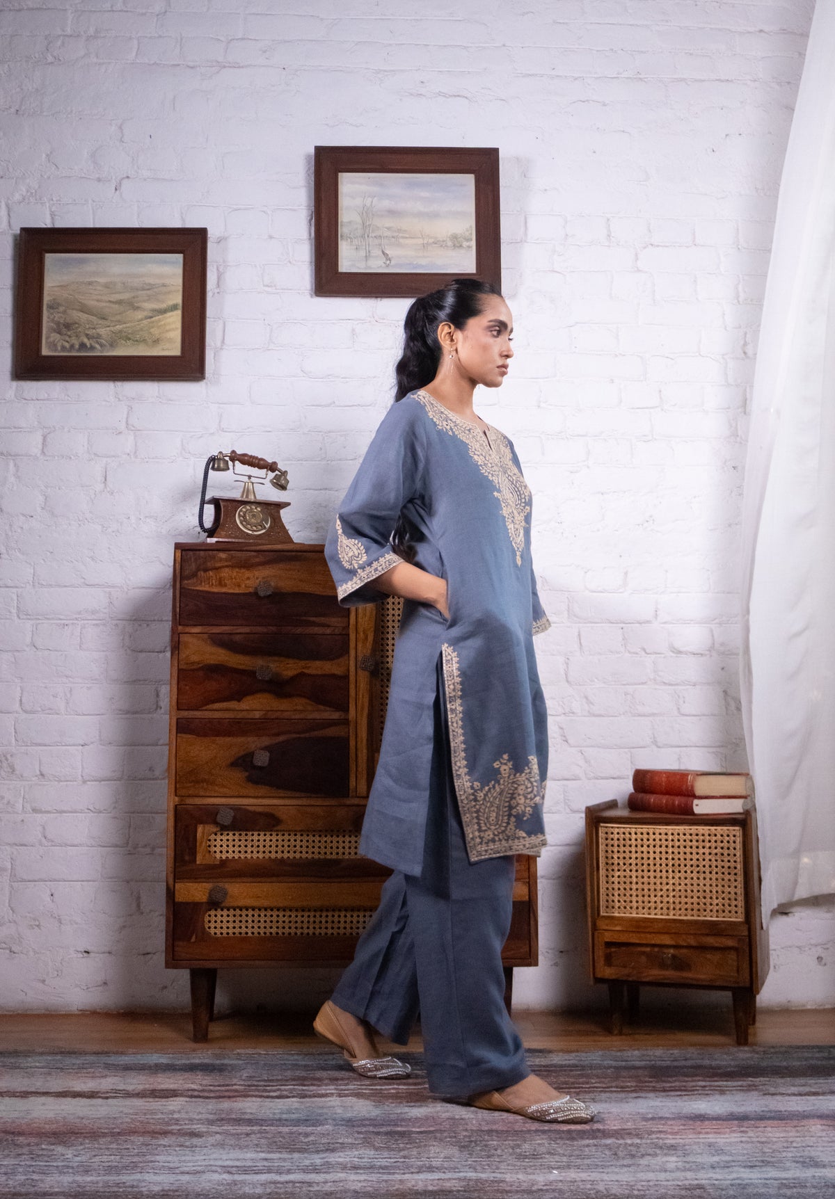 Dusty Blue Pure Linen Embroidered Kurta Set