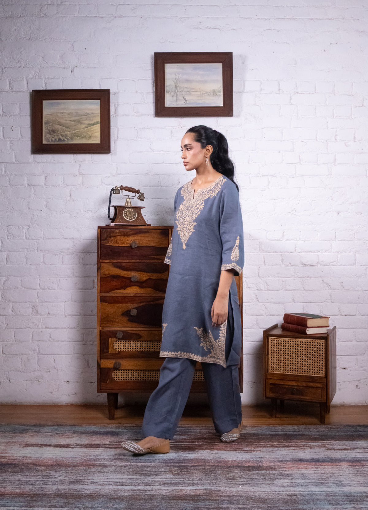 Dusty Blue Pure Linen Embroidered Kurta Set