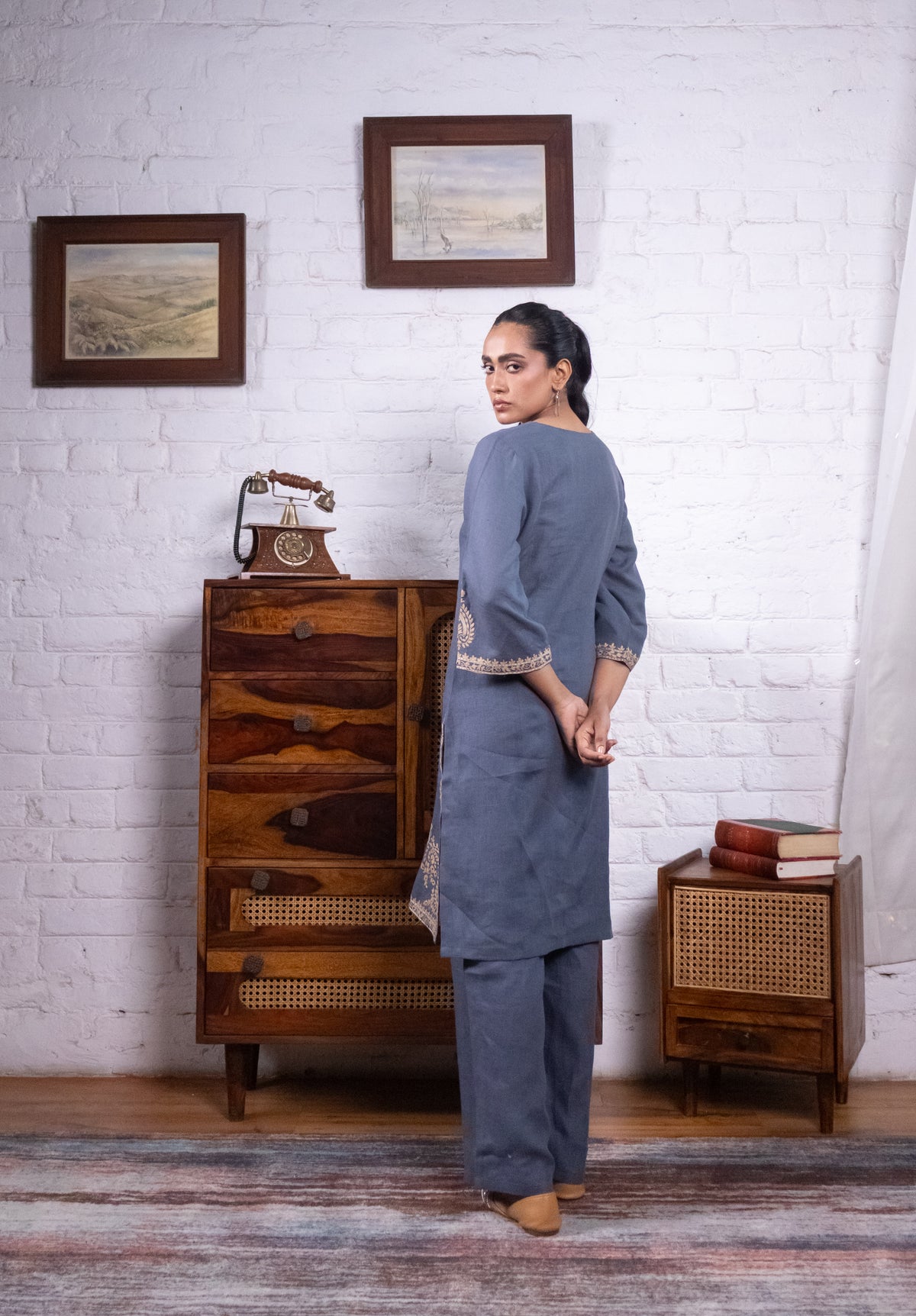 Dusty Blue Pure Linen Embroidered Kurta Set