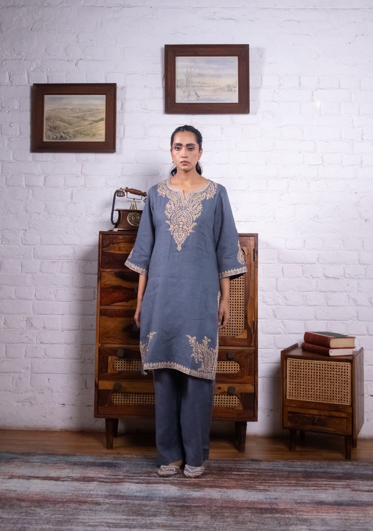 Dusty Blue Pure Linen Embroidered Kurta Set