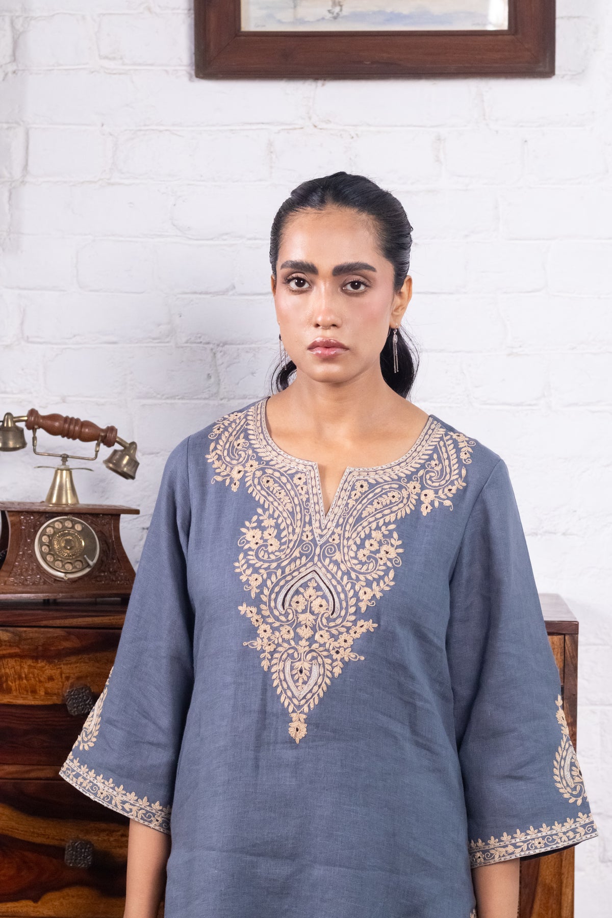 Dusty Blue Pure Linen Embroidered Kurta Set