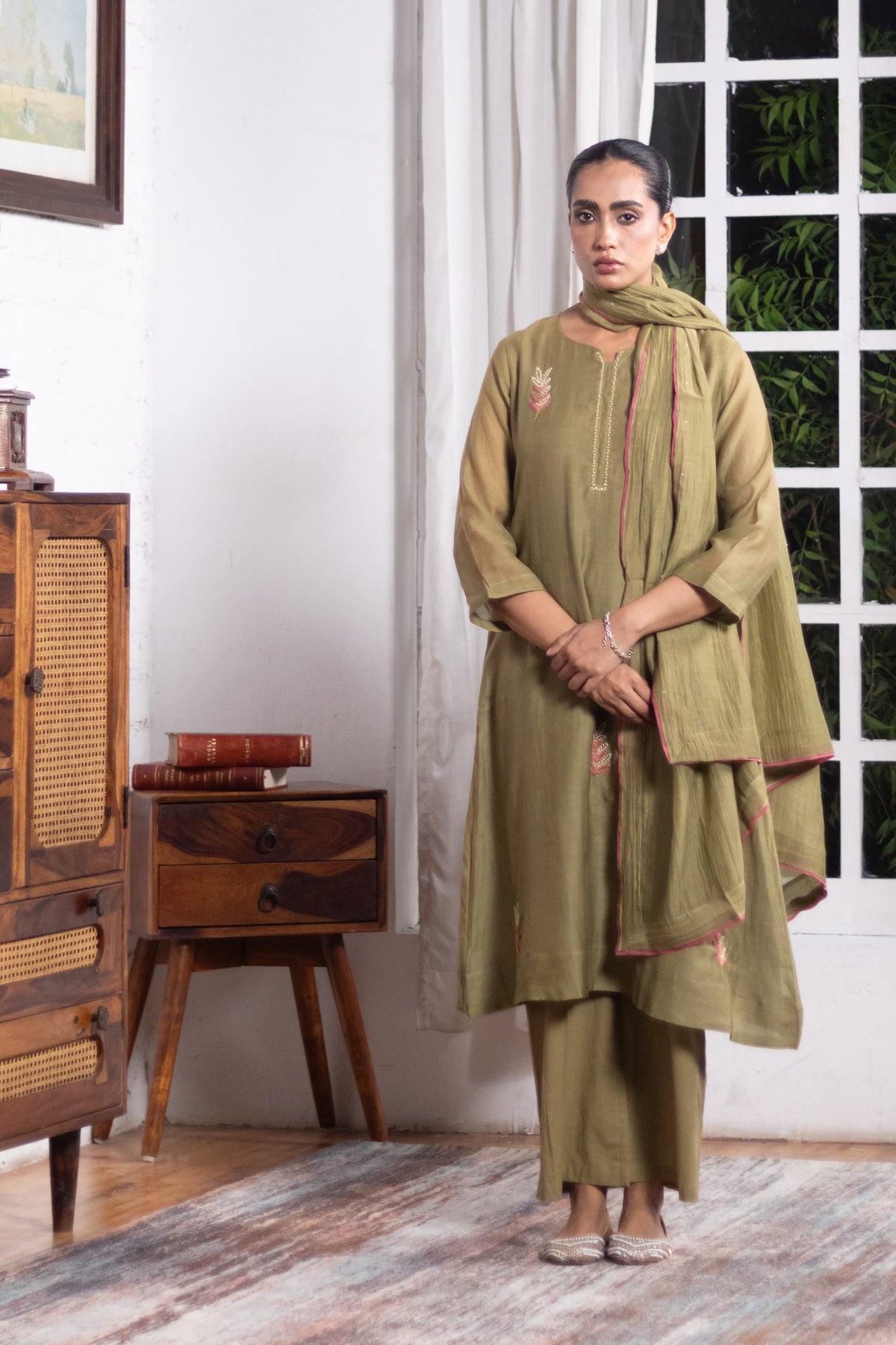 Olive Green Embellished Mul Chanderi A-Line Suit Set