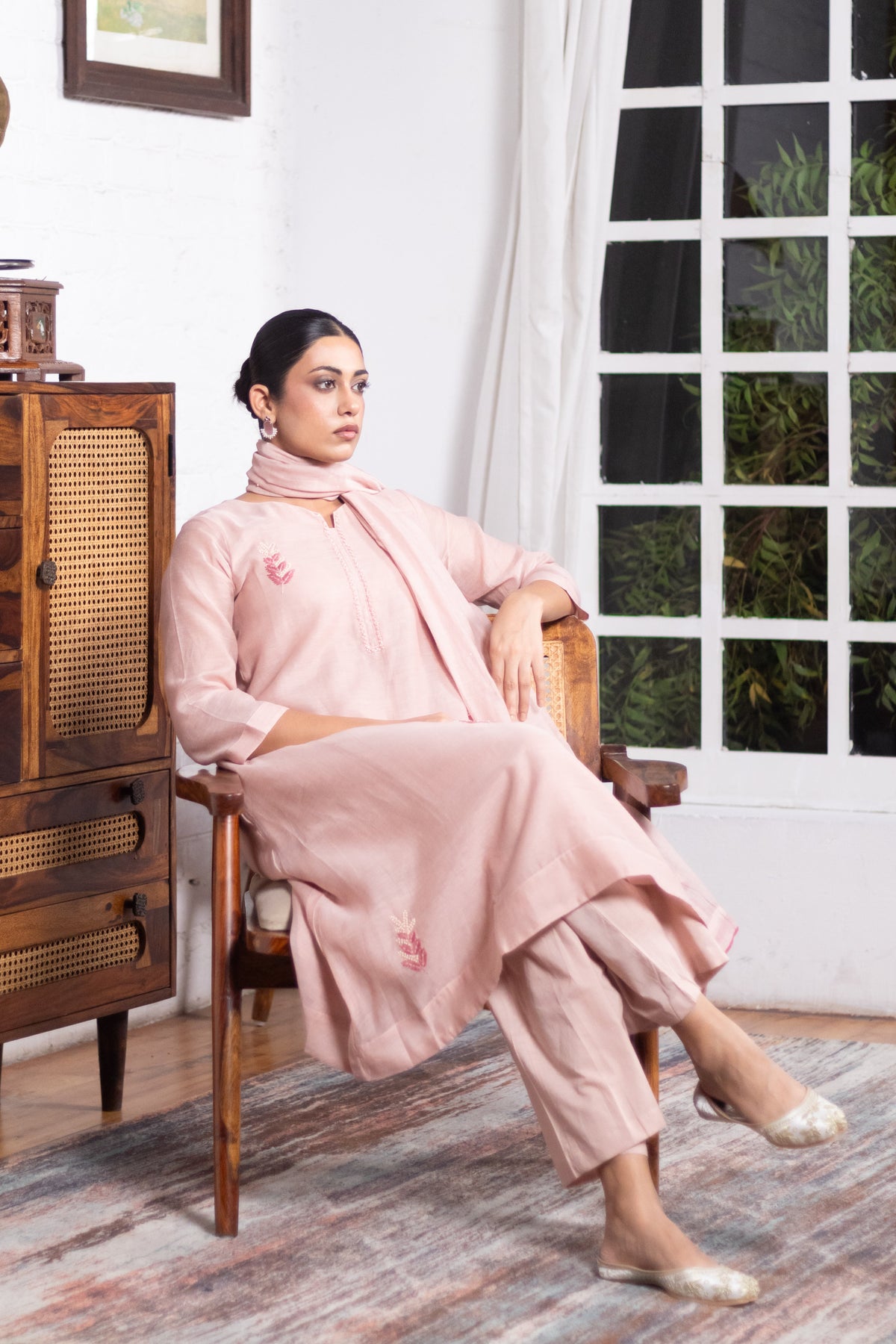 Blush Peach Pearl Embroidered Mul Chanderi A-Line Suit Set