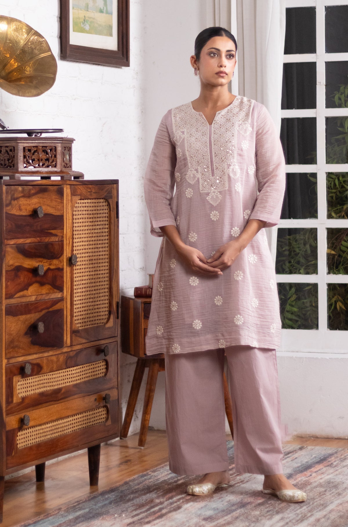 Soft Mauve Mul-Chanderi Kurta/Co-ord Set