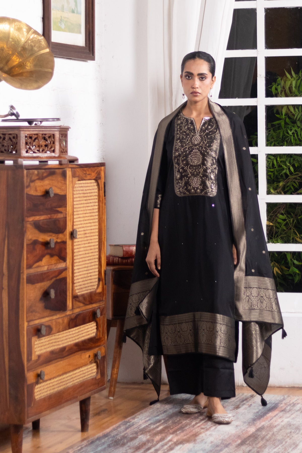 Black Dola Silk Zari Embroidered Suit Set
