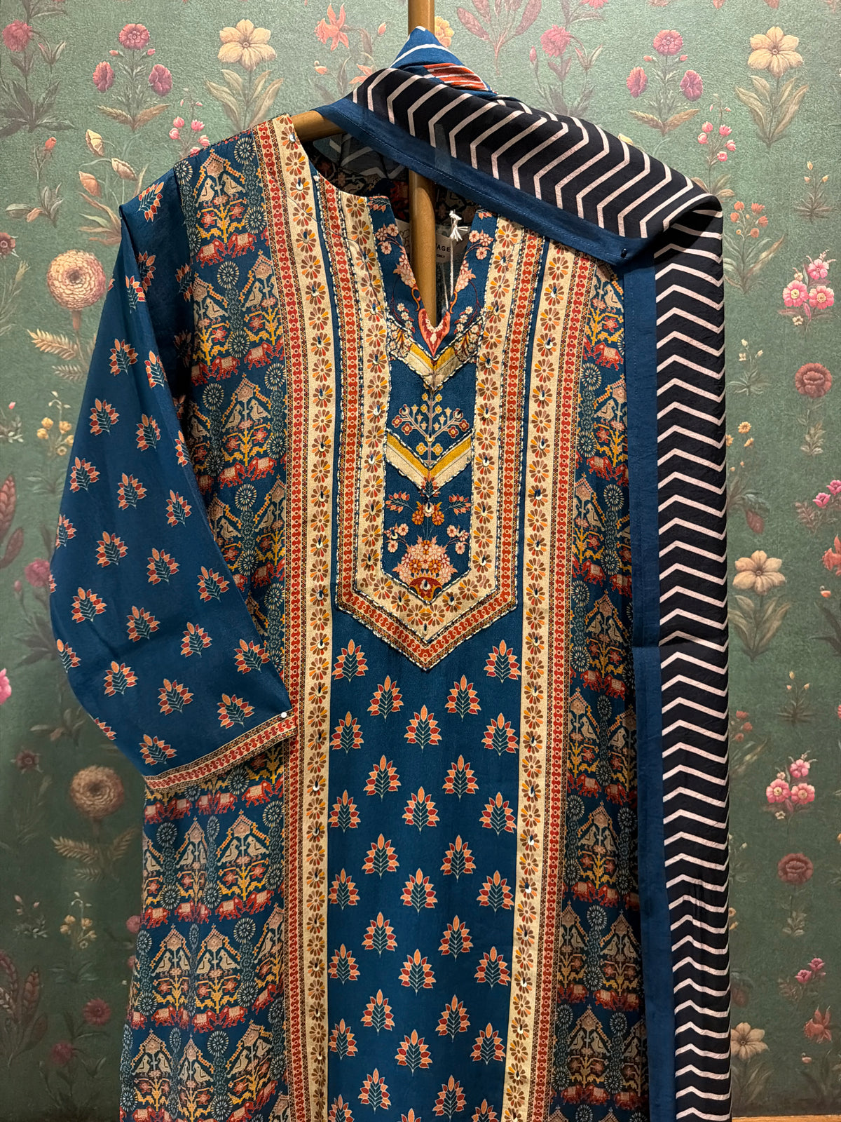 Teal Blue Printed Muslin Suit Set