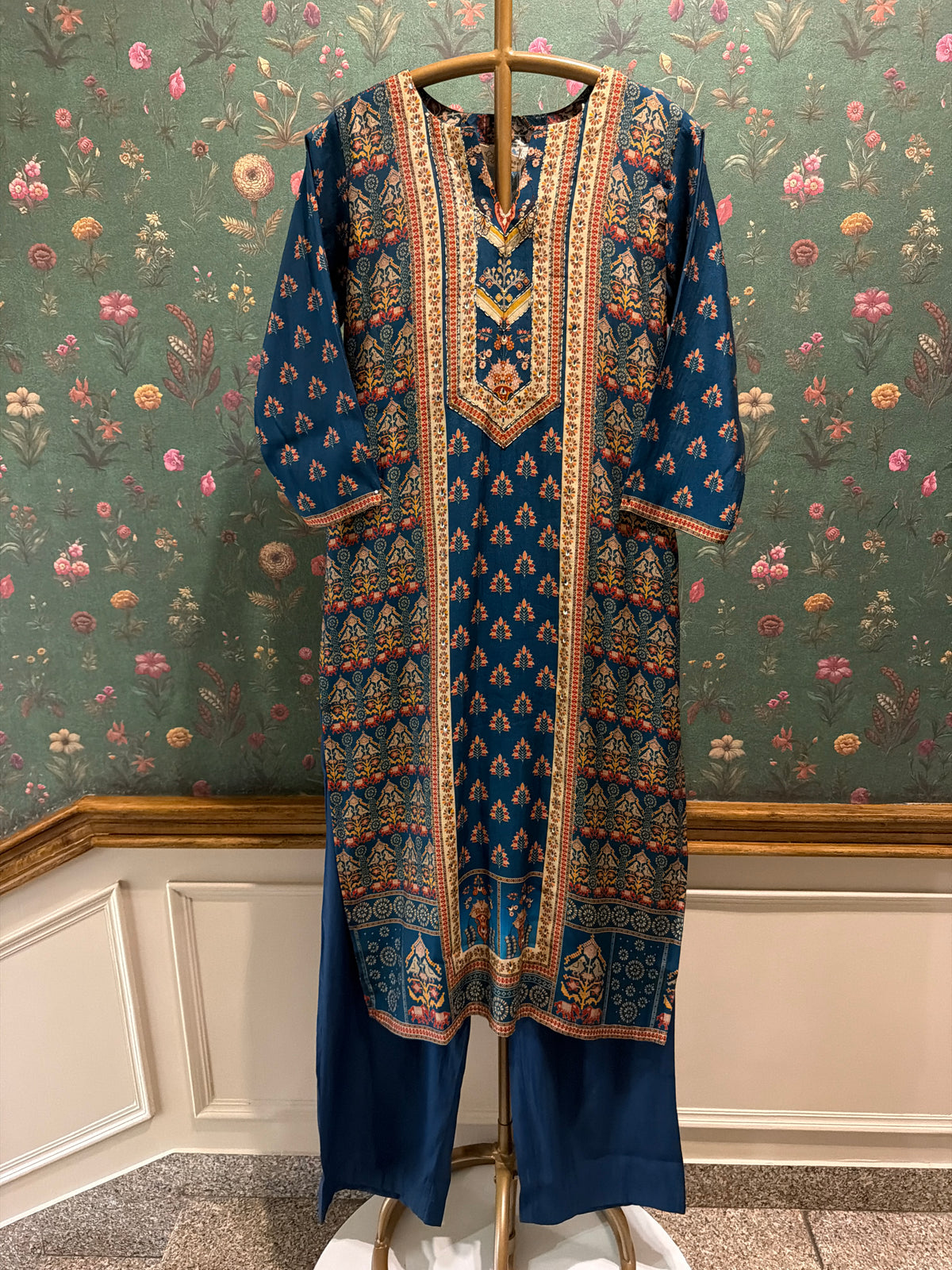 Teal Blue Printed Muslin Suit Set