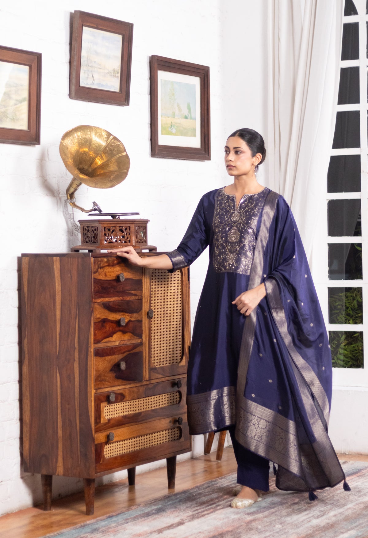 Midnight Blue Dola Silk Zari Embroidered Suit Set