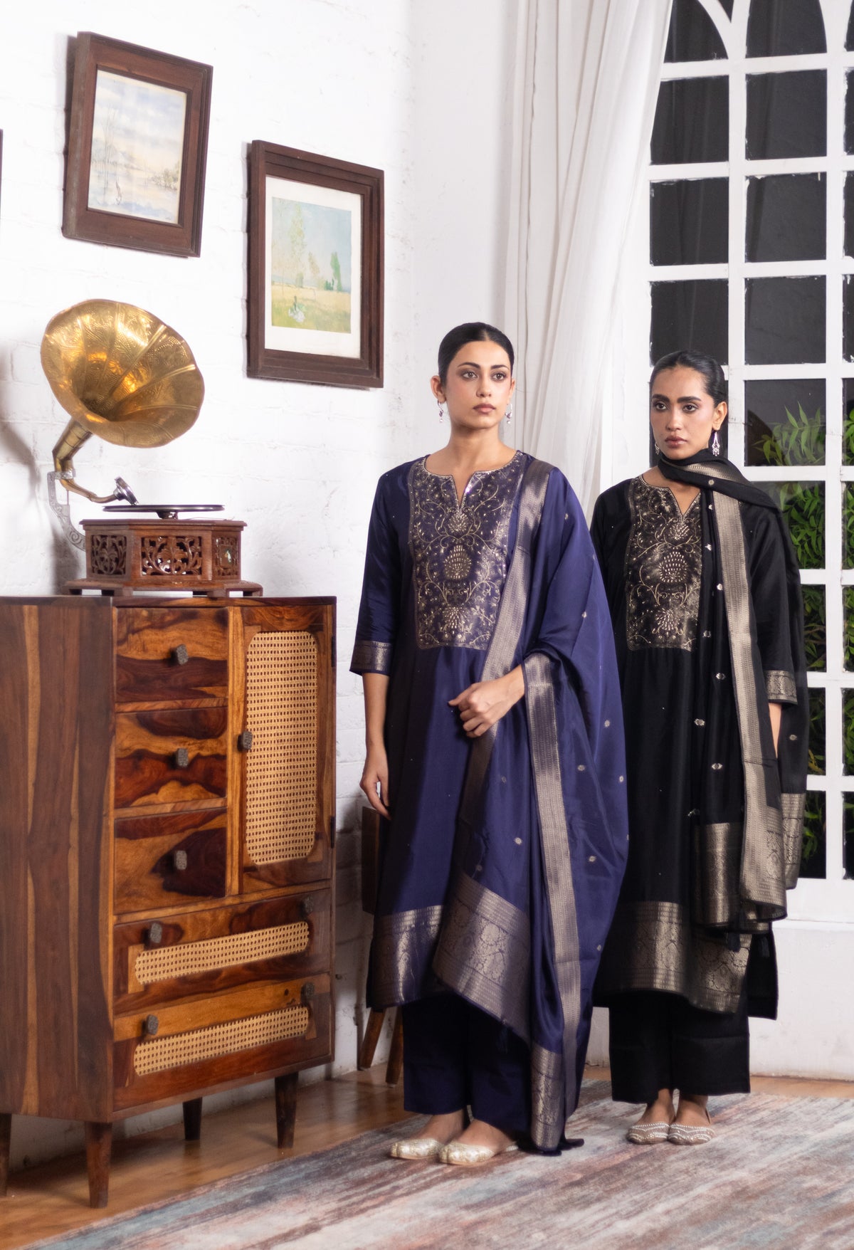 Midnight Blue Dola Silk Zari Embroidered Suit Set