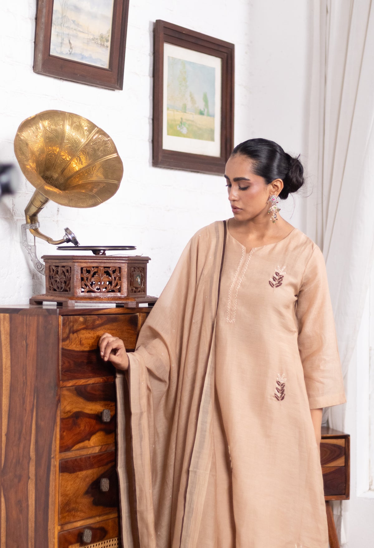Champagne Beige Embellished Mul Chanderi A-Line Suit Set