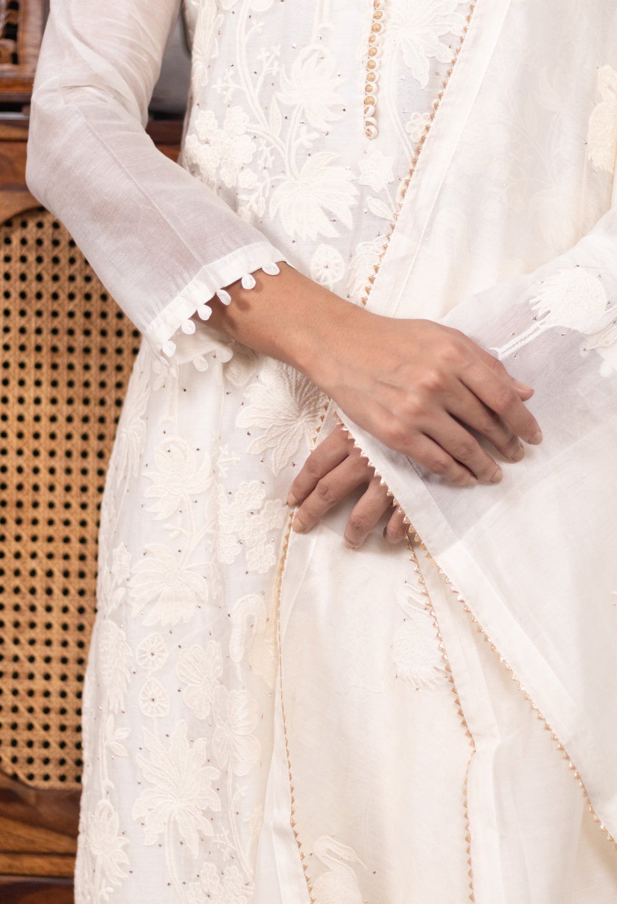 Ivory Floral Crane Embroidered Suit Set