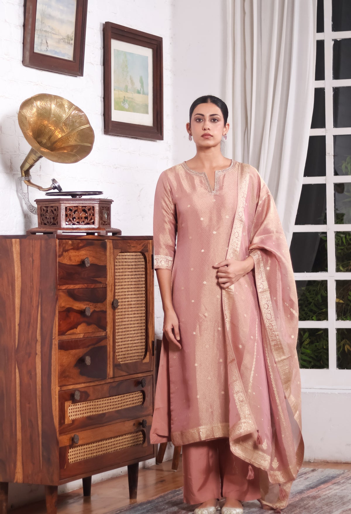 Rose Gold Pink Dola Silk Suit Set