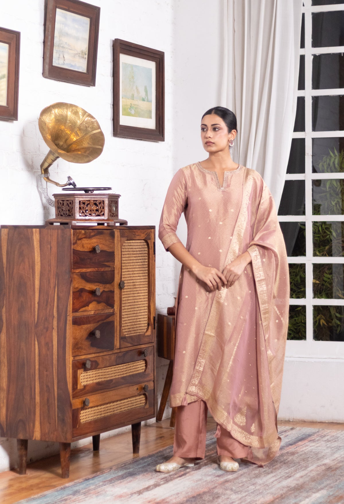 Rose Gold Pink Dola Silk Suit Set