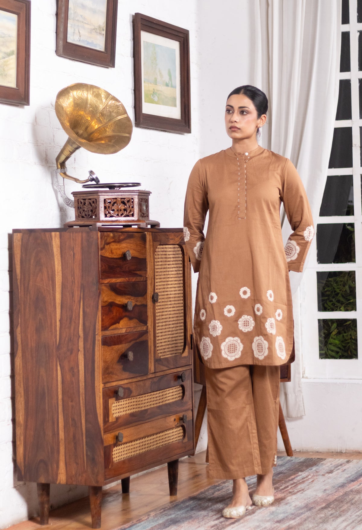 Warm Camel Brown Appliqué Khadi Cotton Kurta/Co-ord Set