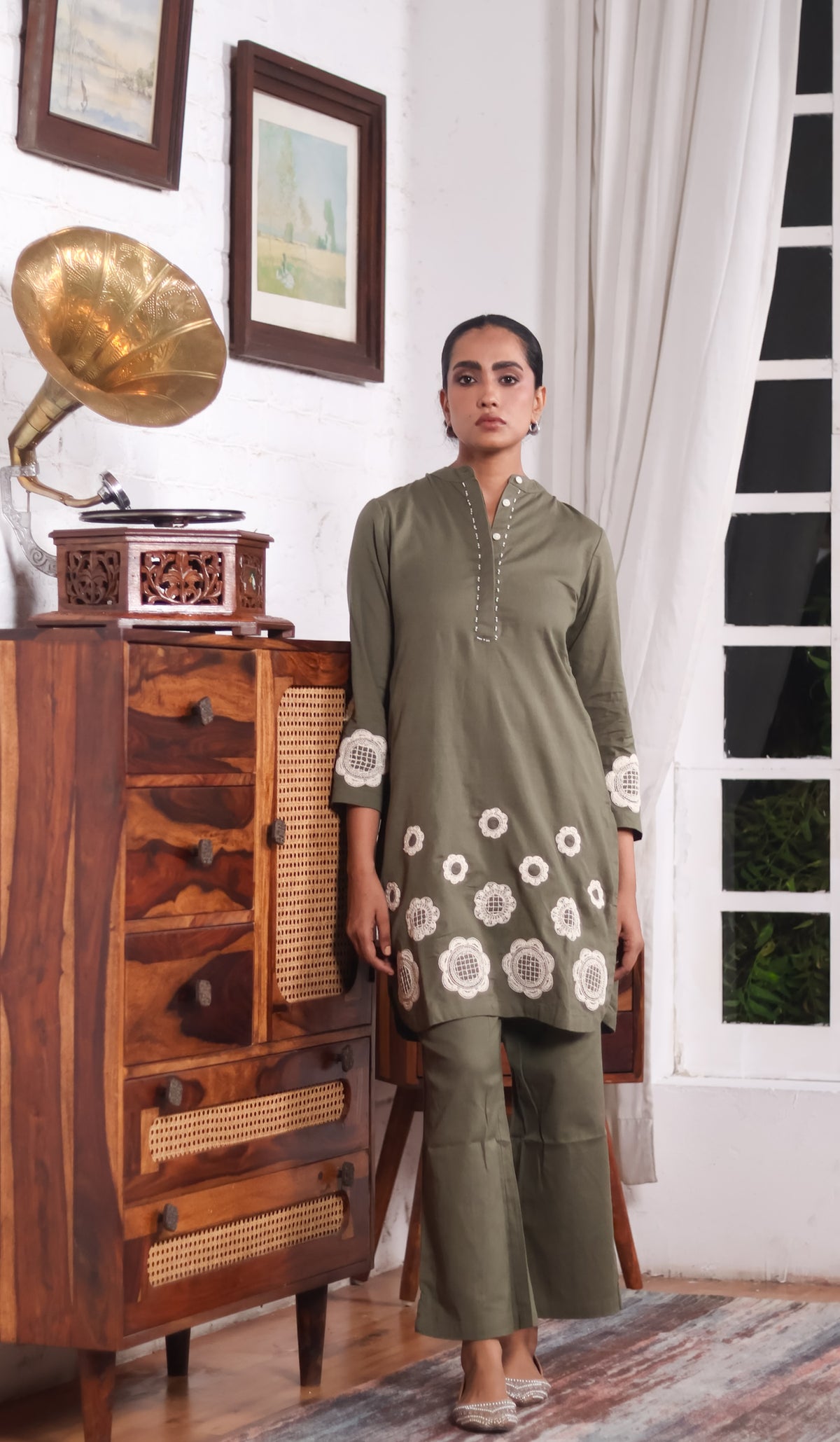 Olive Green Appliqué Khadi Cotton Kurta/Co-ord Set