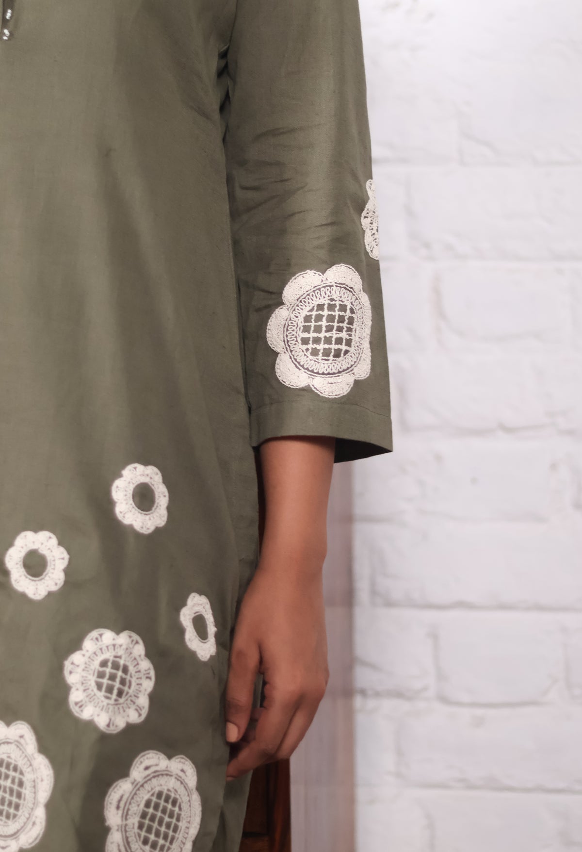 Olive Green Appliqué Khadi Cotton Kurta/Co-ord Set