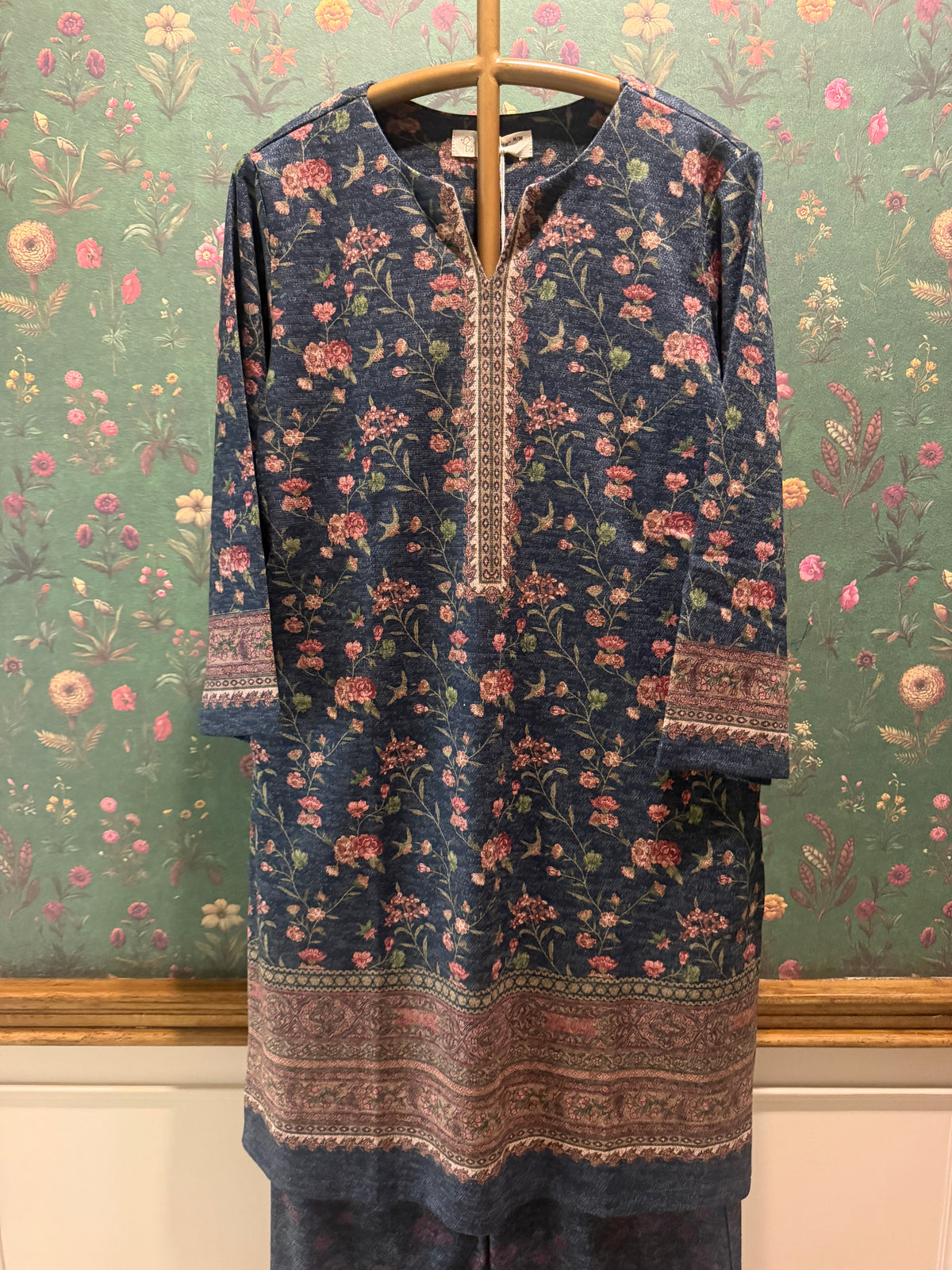 Navy Blue Floral Woollen Kurta/Co-ord Set