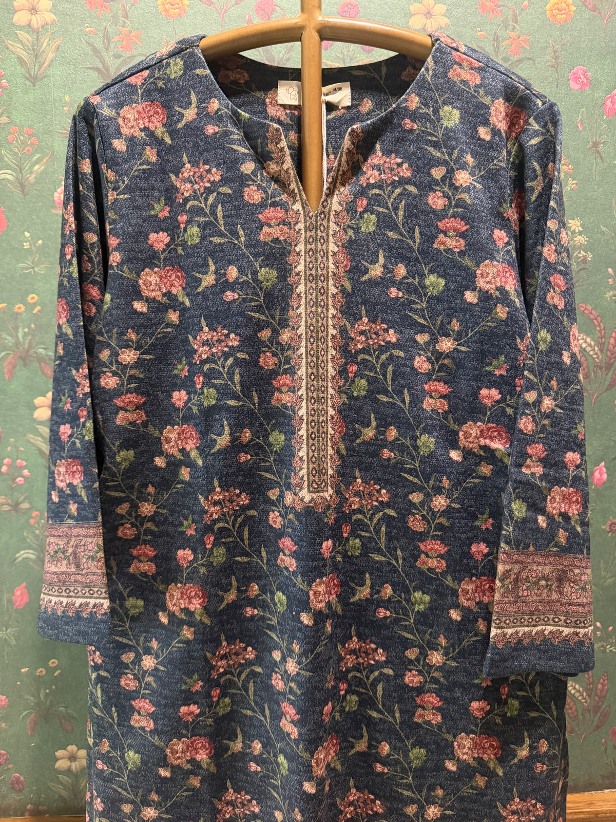 Navy Blue Floral Woollen Kurta/Co-ord Set