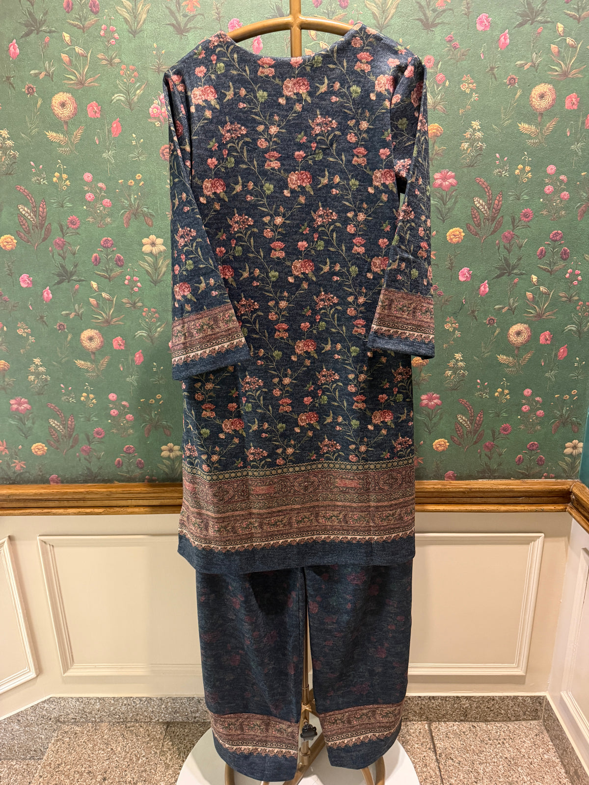 Navy Blue Floral Woollen Kurta/Co-ord Set