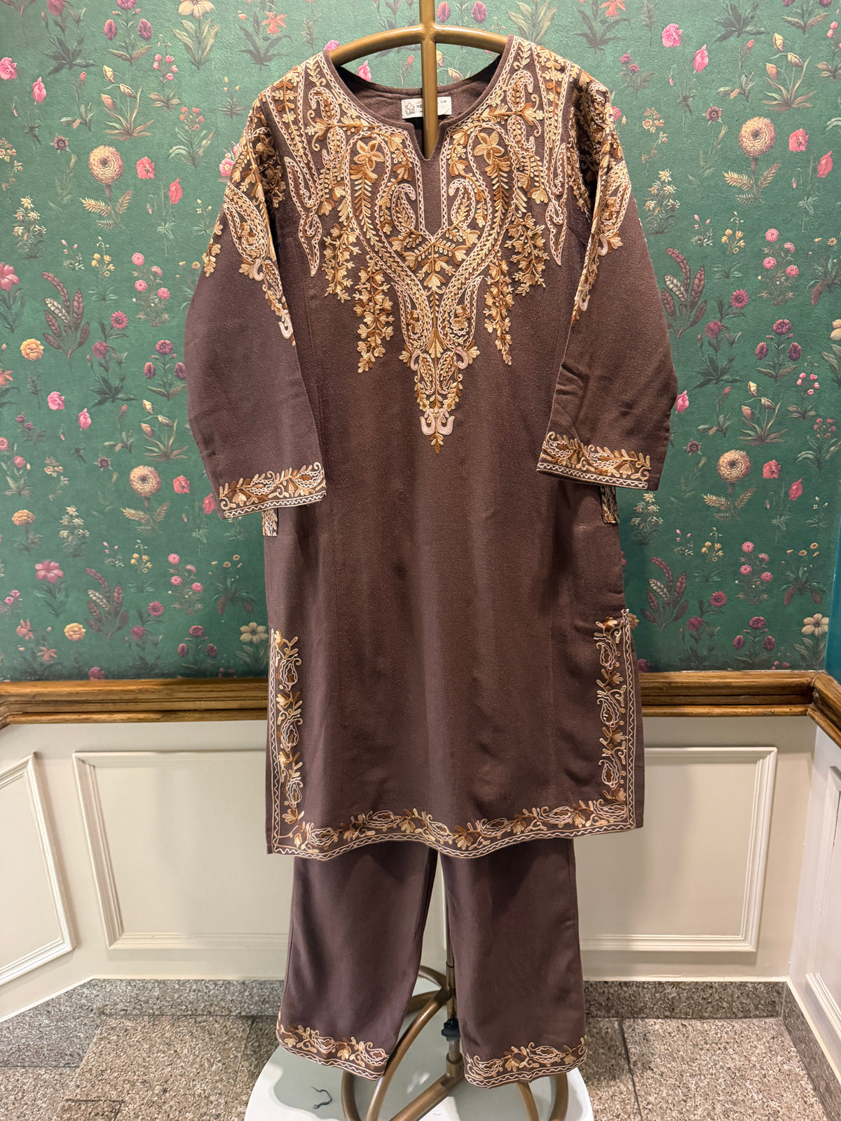 Chocolate Brown Embroidered Woollen Kurta/Co-ord Set