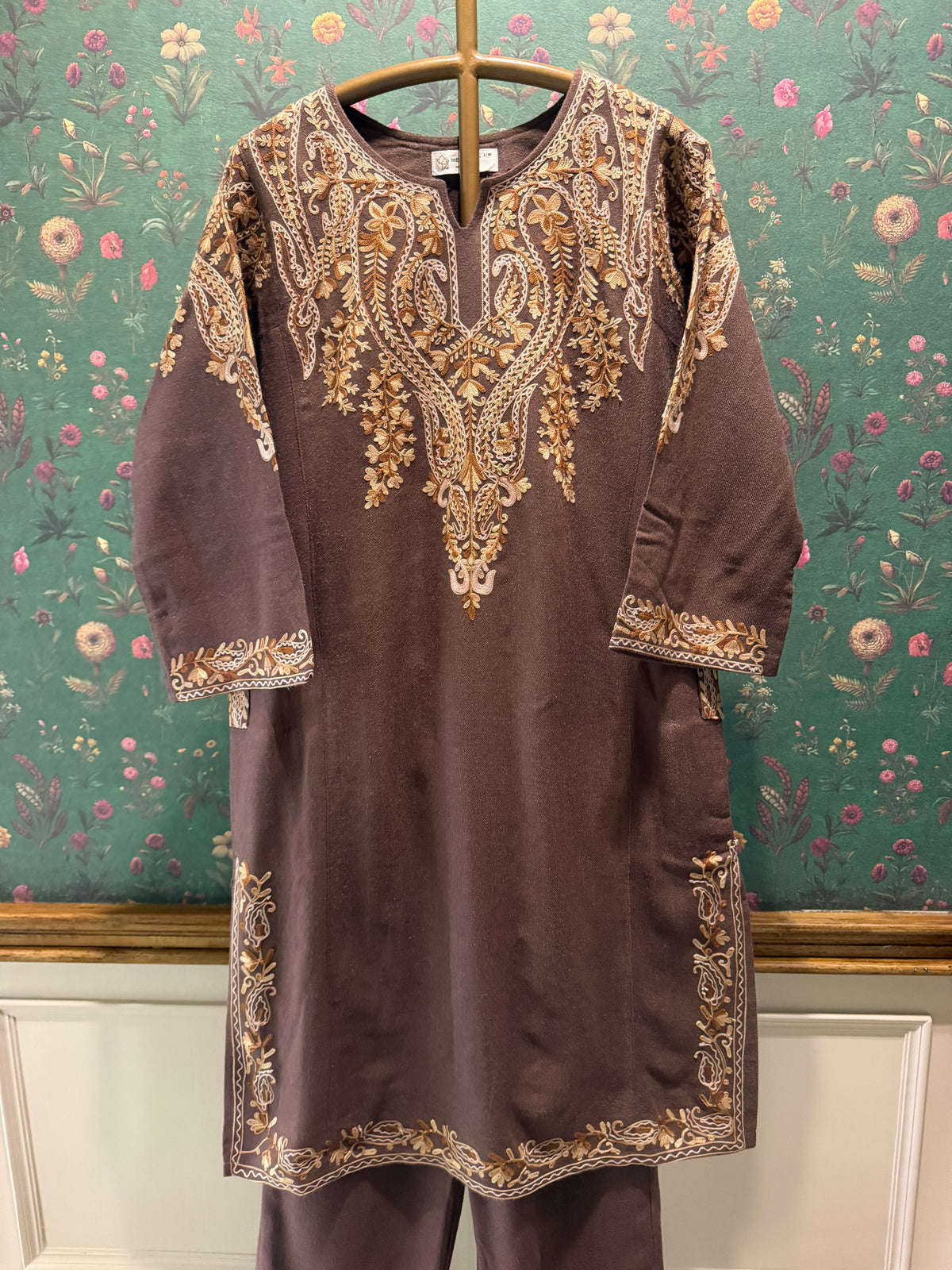 Chocolate Brown Embroidered Woollen Kurta/Co-ord Set