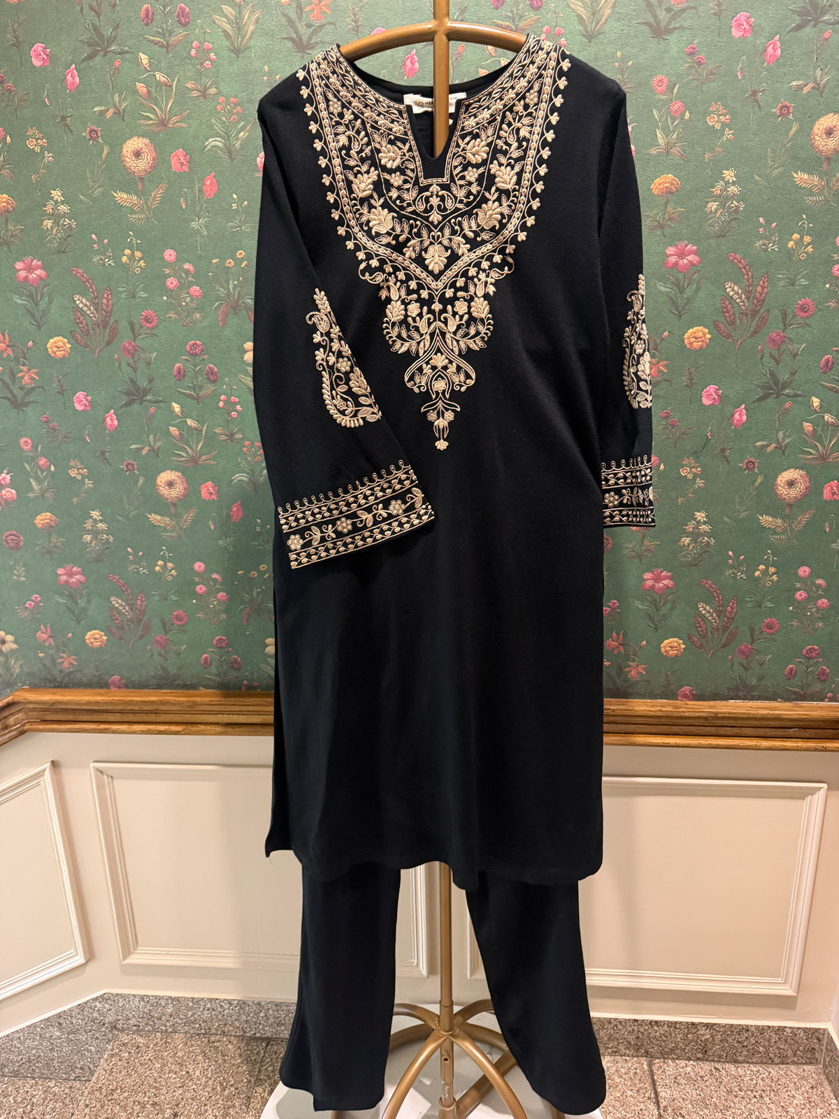 Black Embroidered Woollen Kurta Set
