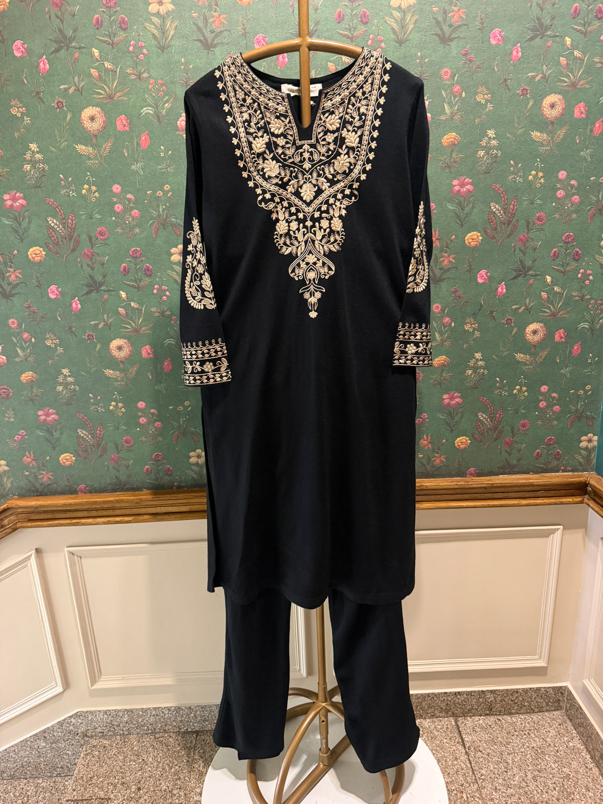 Black Embroidered Woollen Kurta Set