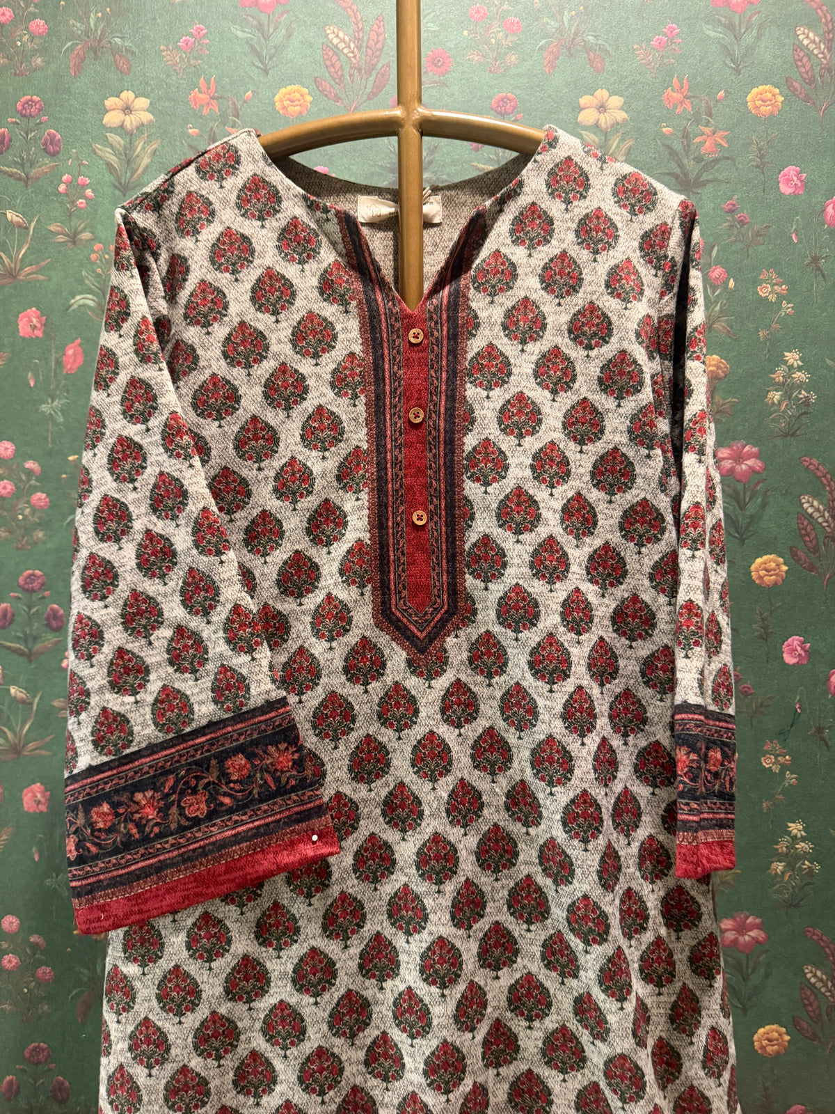 Beige Printed Woollen Kurta/Co-ord Set