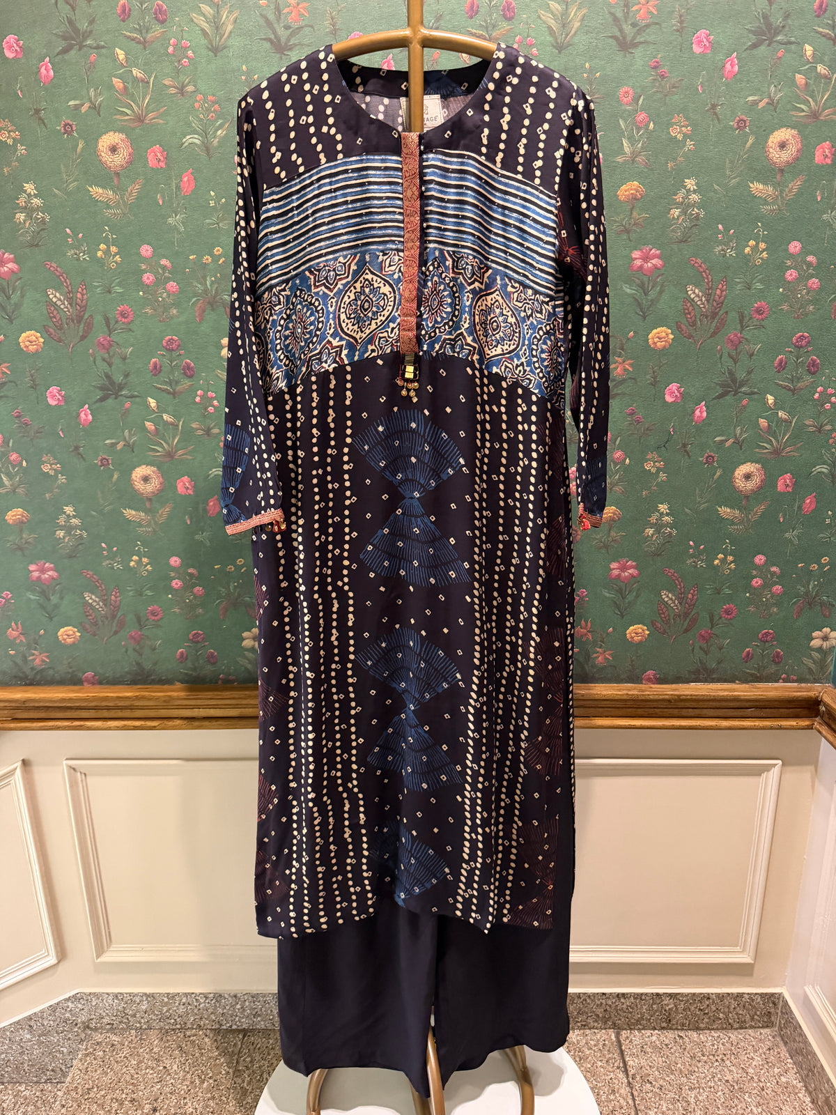 Midnight Blue Gajji Silk Printed Luxe Kurta Set