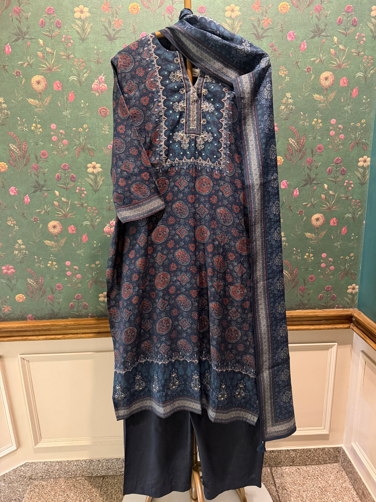 Indigo Medallion Printed Silk Suit Set