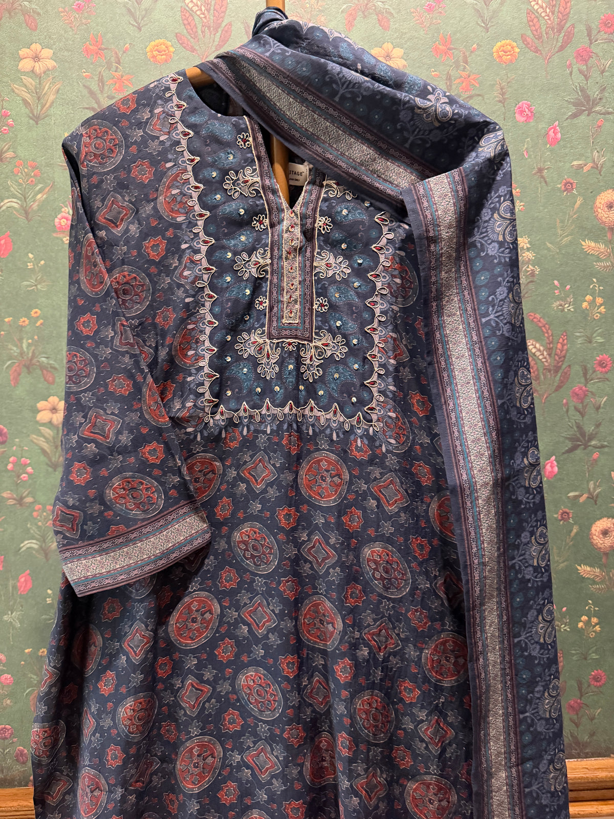 Indigo Medallion Printed Silk Suit Set